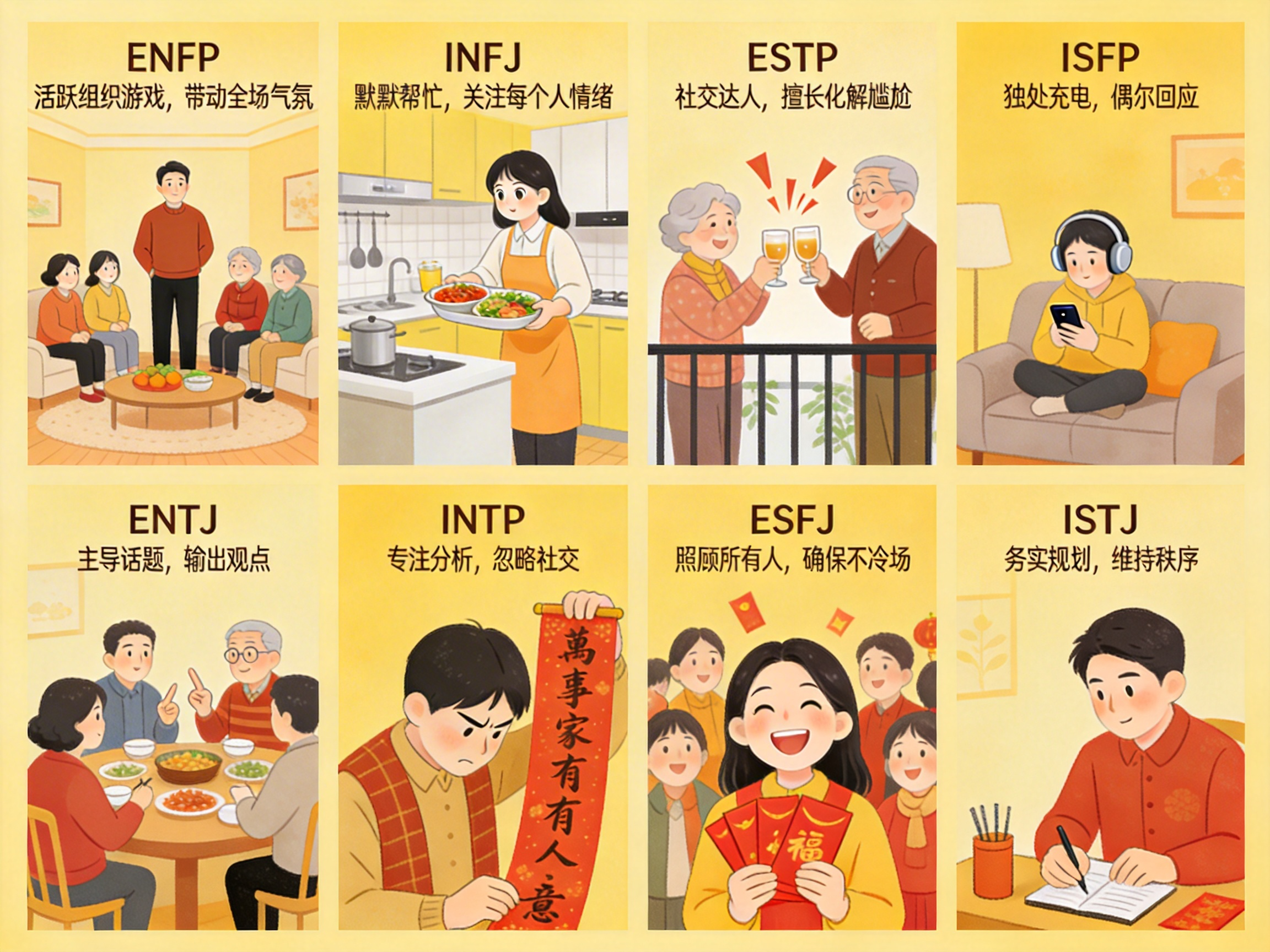  过年社交内耗急救包｜MBTI各型人「躲清净/嗨全场」生存攻略
